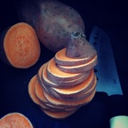 making baked sweet potato chips with thyme, long black pepper & fleur de sel